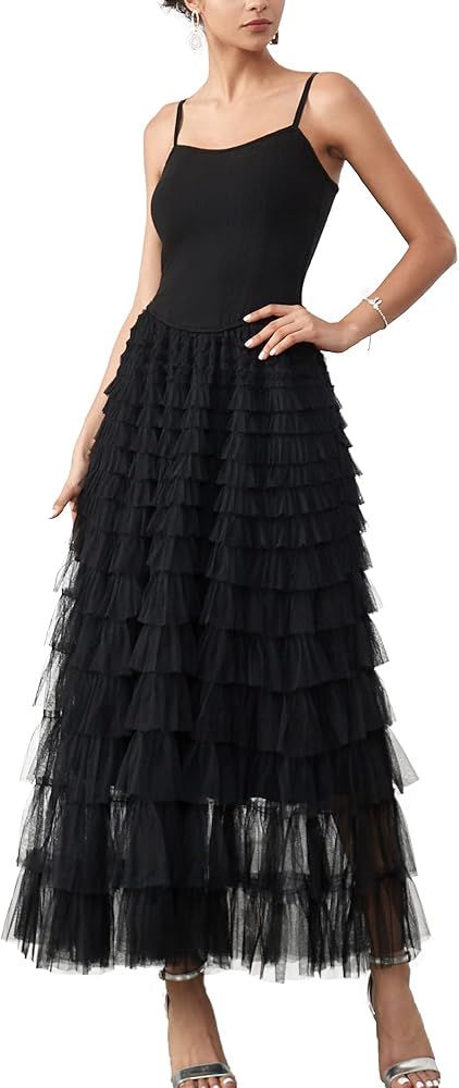 Women's Tulle Maxi Dress Spaghetti Strap Layered Fluffy Ruflfle Prom Birthday Party Long Dress | Amazon (US)