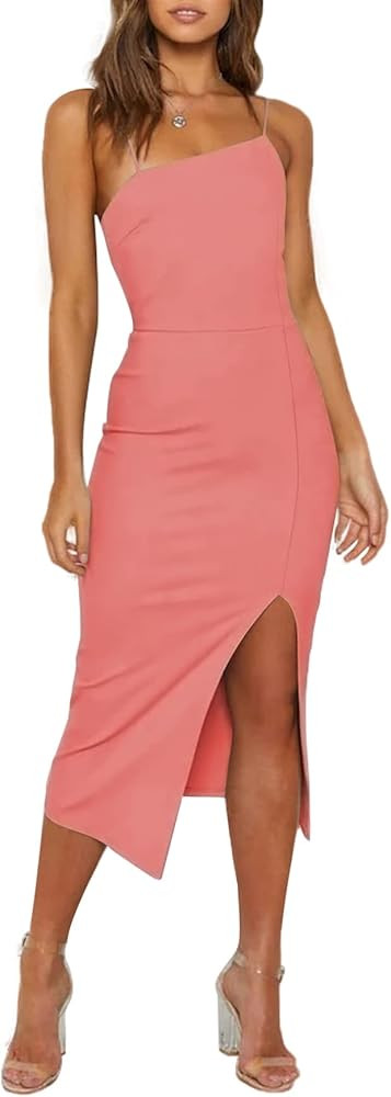 LYANER Women's Spaghetti Straps Split Slit Hem Sleeveless Bodycon Cocktail Party Midi Dress | Amazon (US)