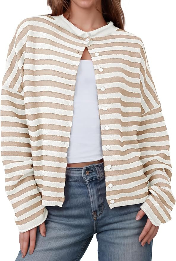 Saodimallsu Womens Striped Cardigan Casual Long Sleeve Open Front Button Down Loose Knit Lightwei... | Amazon (US)