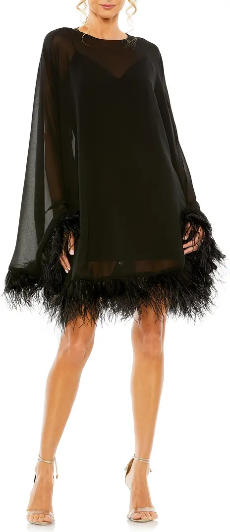 Long Sleeve Feather Trim Trapeze Minidress | Nordstrom