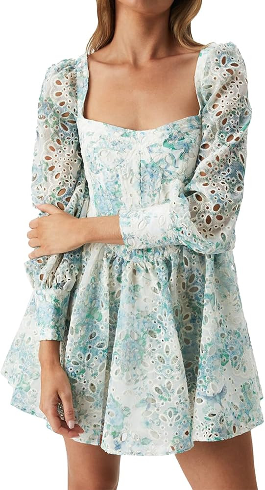 Jardinvue Women V Neck Dress Casual Floral Dress for Women Short Puff Sleeve Dress Slit Midi Dres... | Amazon (US)