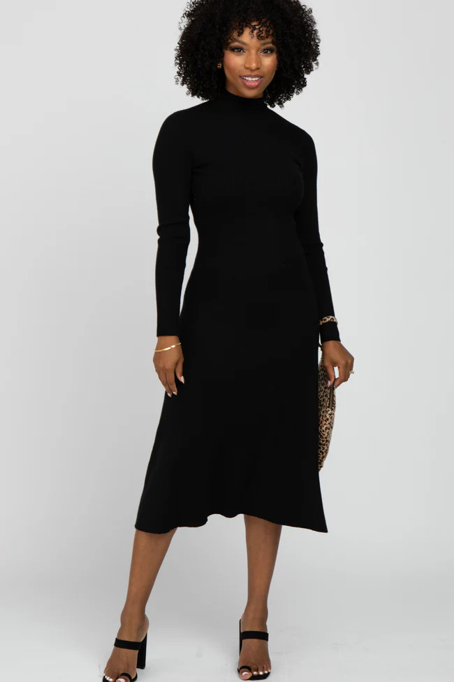 Black Mock Neck Flared Midi Dress | PinkBlush Maternity
