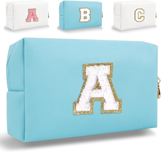 Small Personalized Initial Letter Makeup Bag, Cute Waterproof PU Leather Chenille Letter Cosmetic... | Amazon (US)