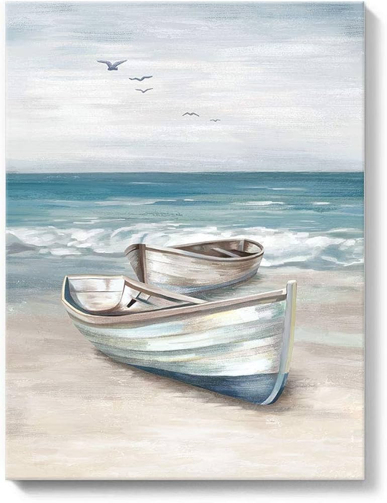 SUMGAR Ocean Wall Art Blue White Sea Canvas Paintings Sandy Beach Pictures Boat Coastal Artwork F... | Amazon (UK)