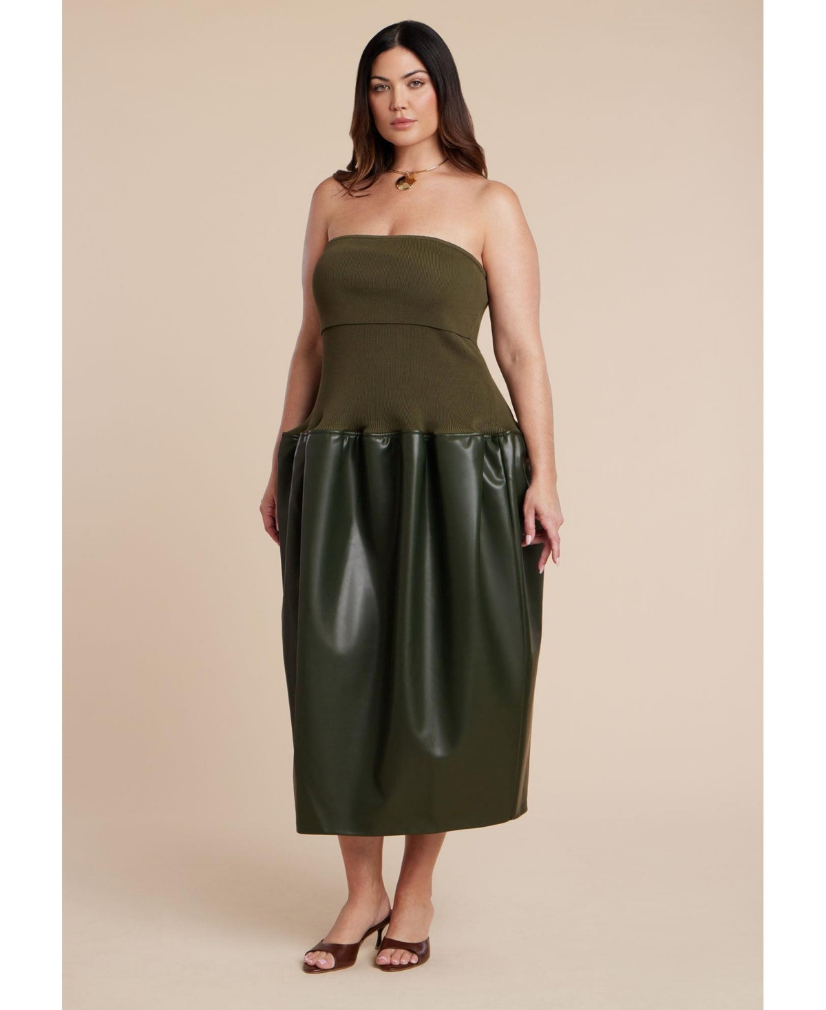 Eloquii Plus Size Faux Leather Sweater Mixed Dress - Dark olive green | Macy's
