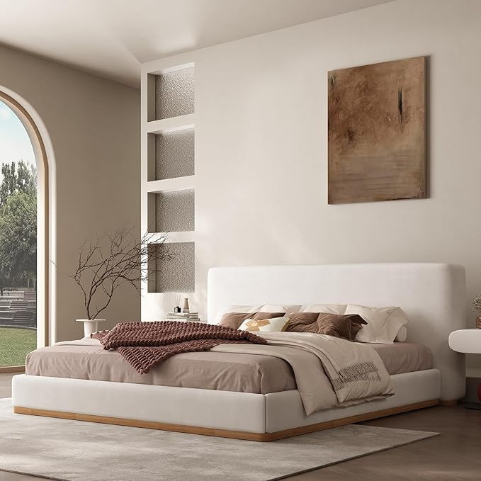 King Size Modern Cloud Bed, Platform Bed with Soft Thick Headboard,Block White Fabric Upholstered... | Amazon (US)