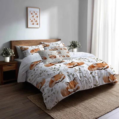 Kids Forest Animals Bedding Set Of 5 - Sleepy Sleeping Foxes Duvet Cover And Throw Pillow Set | Wayfair North America