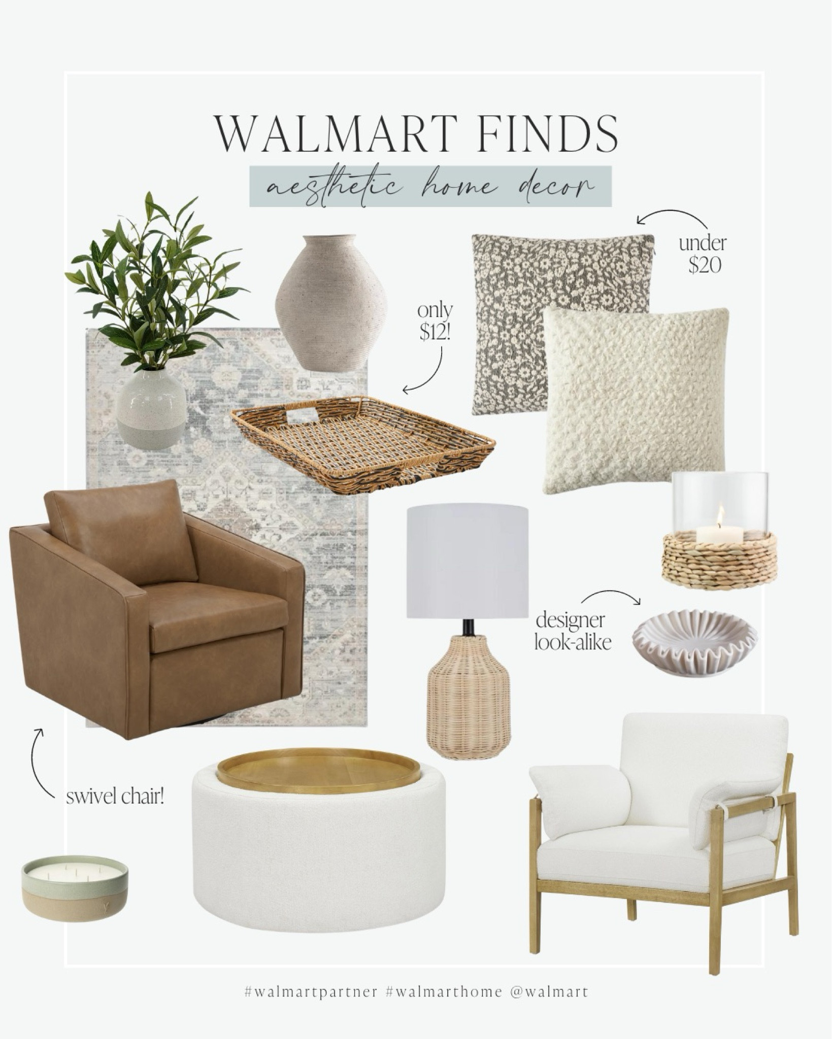 Aesthetic neutral home decor finds from @walmart! #WalmartPartner Camel faux leather swivel chair, boucle chair and storage ottoman, neutral pillows #WalmartHome 

#LTKxWalmart #LTKHome