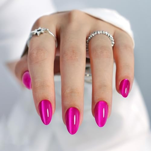 Hot Pink Almond Cat Eye Press on Nails - GJZEZ Soft Gel Short Fuchsia Glass Cateye Fall Stick on ... | Amazon (US)