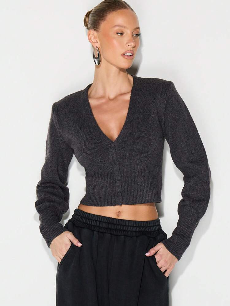 KIZN Charcoal Ribbed V Neck Button Front Cropped Cardigan With Balloon Sleeves Fall Winter Knit Sweater | SHEIN