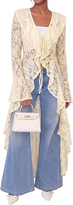 Lace Cardigan for Women Maxi Summer Lightweight Open Front Tie Bell Long Sleeve Ruffled Tops Dust... | Amazon (US)