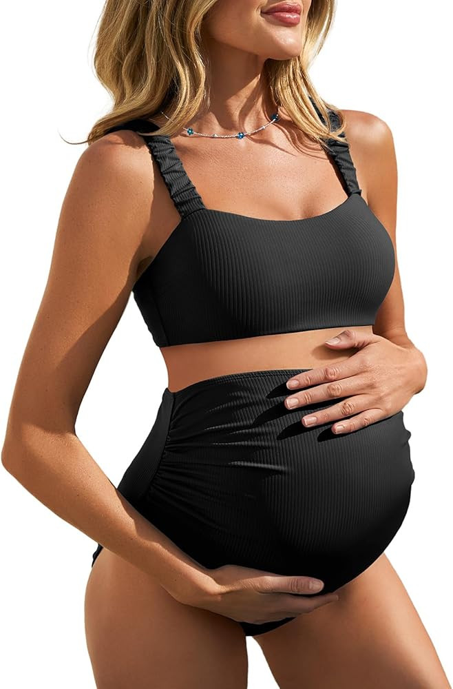 Summer Mae Ribbed Maternity Bikini Swimsuit for Women High Waisted Two-Piece Bathing Suit Crop To... | Amazon (US)