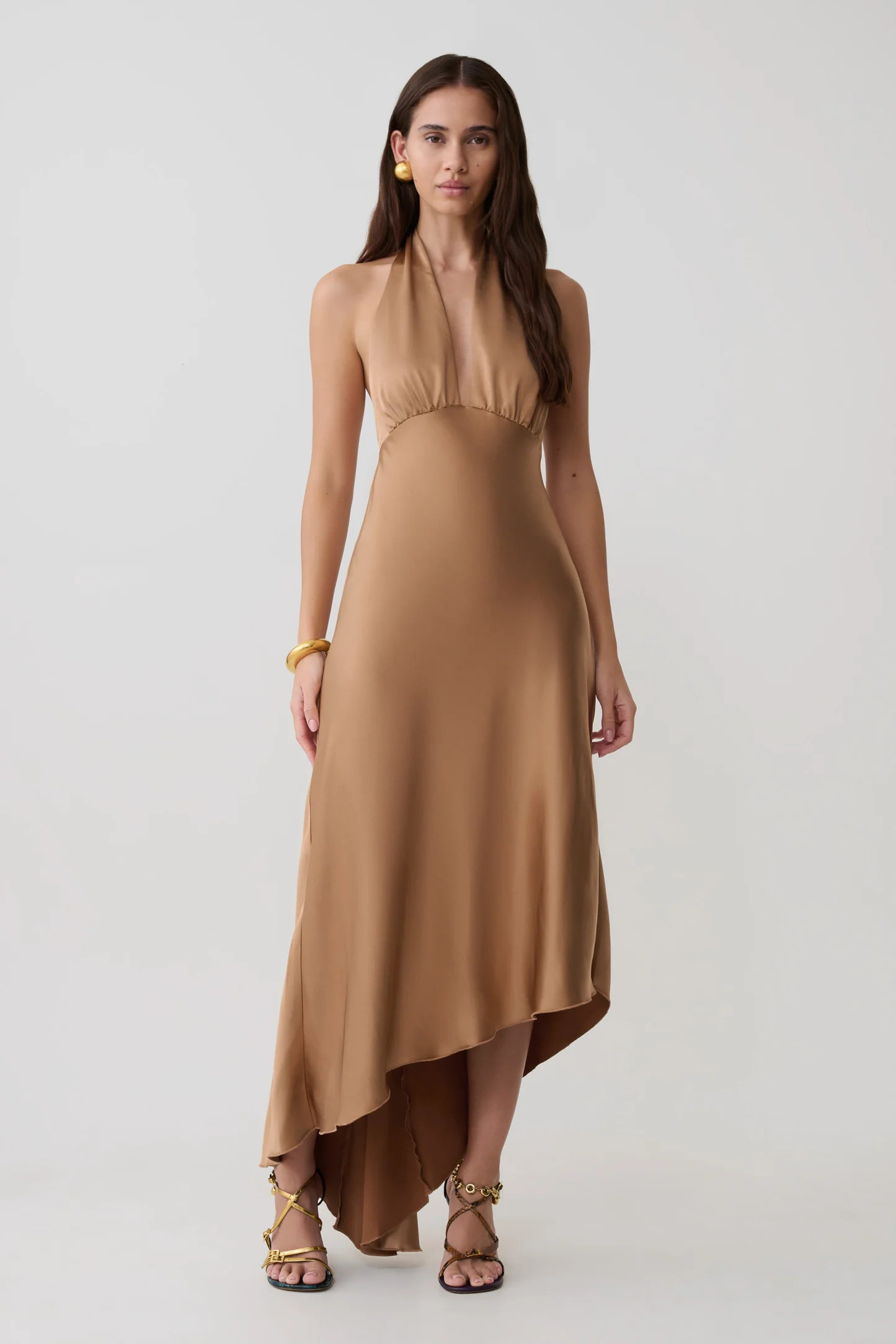 Adelie Asymmetric Hem Halter Midi Dress - Cognac | MESHKI US