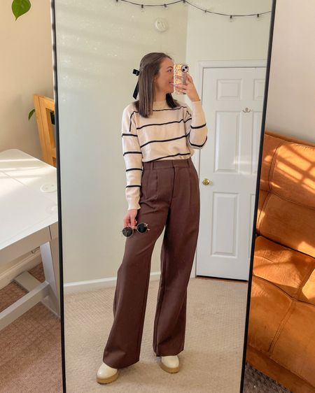 winter outfit inspo; trousers, striped sweater,  boots

#LTKstyletip