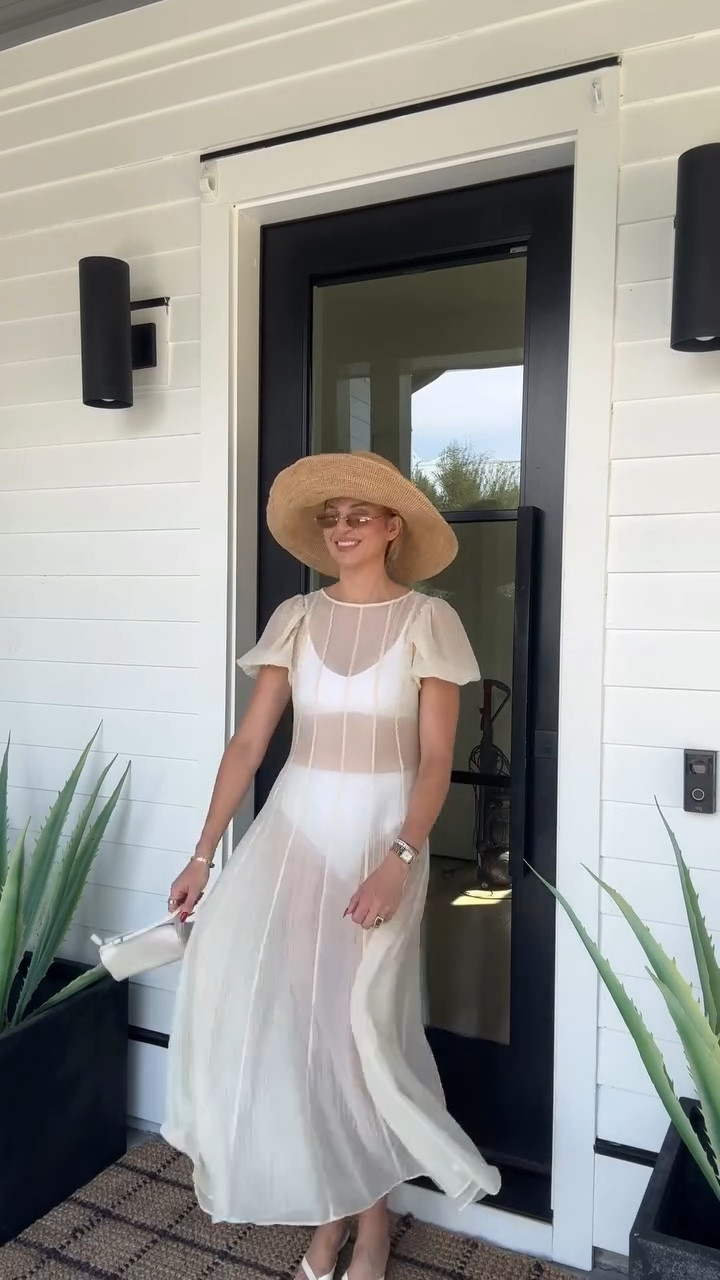 This dresssss! I love how it’s sheer but classy at the same time. It’s like no other dress I have in my closet. I’m just wearing an Amazon bathing suit and an Amazon bra underneath. Also can we talk about this hat? It has a bendable rim the whole way around so you really can wear it so many different ways. I love how much of a statement it makes!

#LTKOver40 #LTKTravel #LTKStyleTip