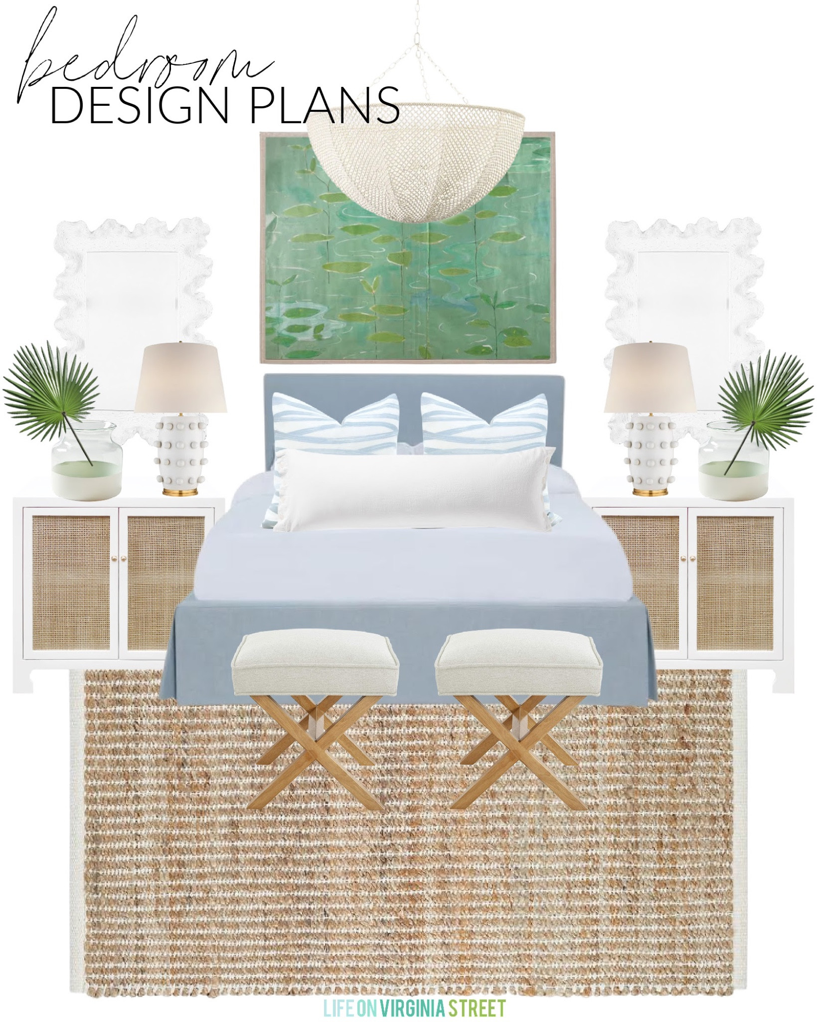 Bedroom design plans for our Florida new build! Includes a coco bead chandelier, blue gray upholstered bed, jute rug, cane nightstands, green lily art, watercolor pillows, coral mirrors, faux fan palms, circle dot lamps, and x-benches at the foot of the bed! Get more details and additional design plans here: https://lifeonvirginiastreet.com/florida-design-plan-ideas/
.
#ltkhome #ltksalealert #ltkunder50 #ltkunder100 #ltkstyletip #ltkfind #ltkseasonal

#LTKSeasonal #LTKsalealert #LTKhome