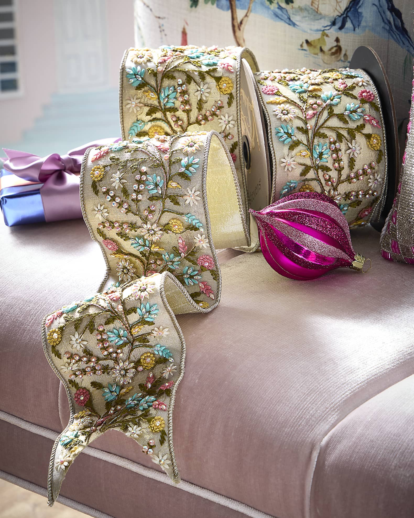Metallic Dupion Floral Applique Ribbon, 3.5" x 5 Yards | Neiman Marcus
