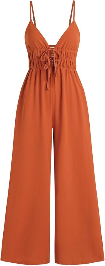 CIDER Miami Sunset Vacation Solid Shirred Knotted V-neck Jumpsuit | Amazon (US)