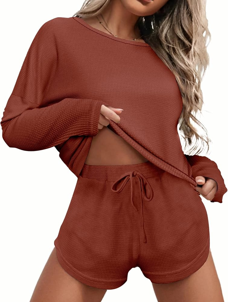 Ekouaer Womens Waffle Knit Pajama Sets Long Sleeve Top and Shorts Matching Lounge Set Loungewear Sweatsuit with Pockets | Amazon (US)