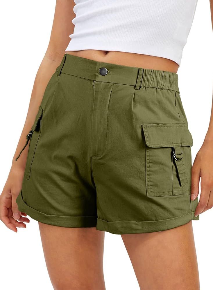 EVALESS Cargo Shorts for Women Casual Summer Elastic High Waisted Button Up Comfy Cotton Shorts w... | Amazon (US)