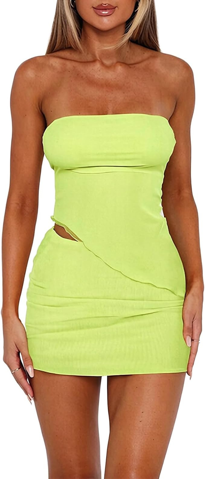 Goafuliy Two Piece Skirt Set for Women Summer Asymmetrical Mesh Strapless Tube Tops Mini Skirt Se... | Amazon (US)