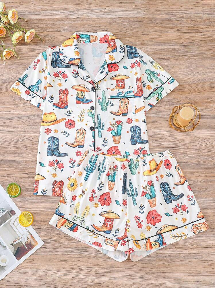 2pcs Cowboy Print Pajama Set For Women, Short Sleeve Shirt With Collar & Button And Loose Elastic Shorts, Sleepwear For Holiday Party, Casual Indoor Or Outdoor Wear, All Season, Two Pieces Set | SHEIN