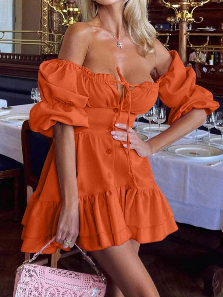 SHEIN Slayr Elegant And Fashionable Texture V-Neck Ruffle Hem Halter Dress With Random Pattern, P... | SHEIN