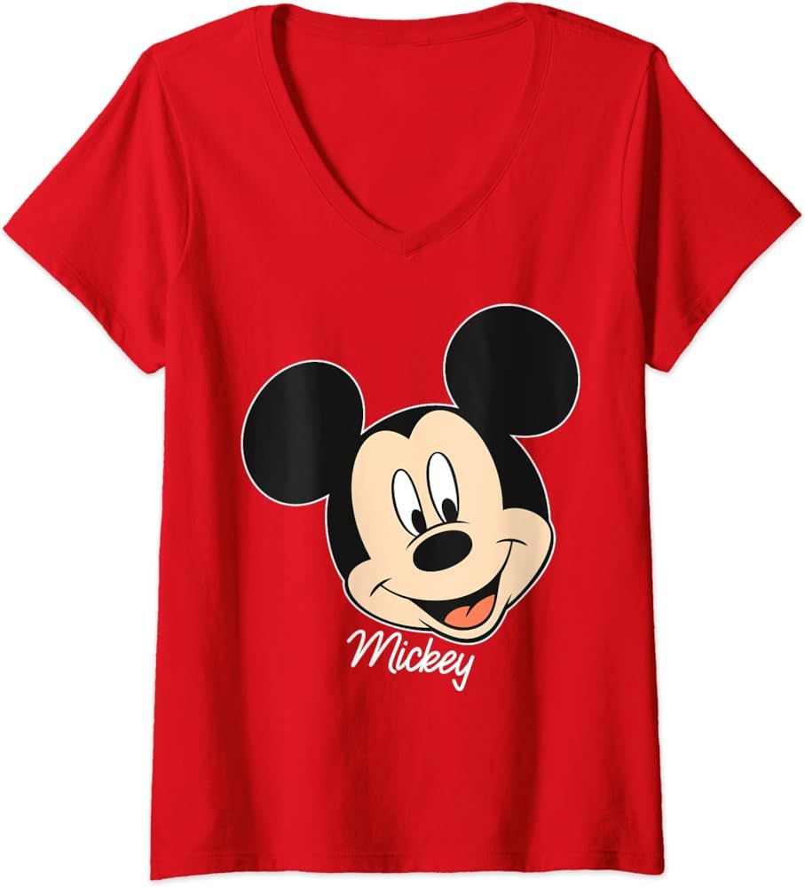 Womens Disney Mickey And Friends Mickey Mouse Big Face V-Neck T-Shirt | Amazon (US)