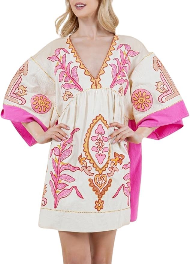 Womens Embroidered Dress with V-Neck and 3/4 Sleeves Loose Fit Vintage Embroidery Babydoll Dress | Amazon (US)