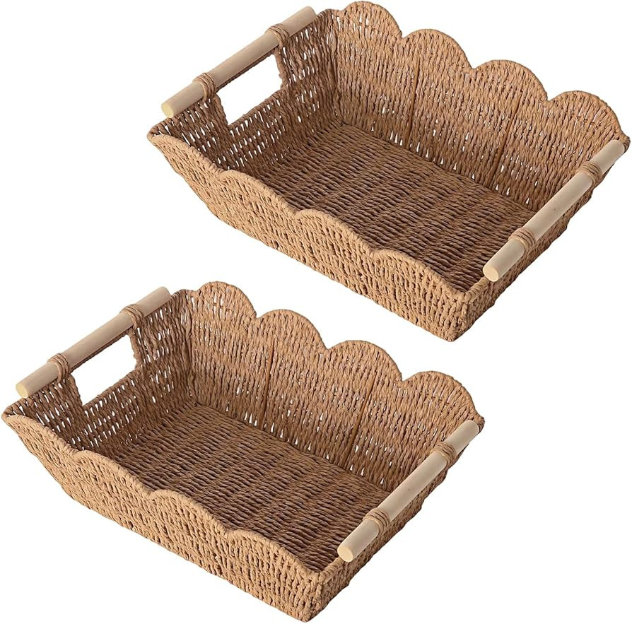 Scalloped Basket with Wooden Handle, Water Hyacinth/Seagrass/Wicker Storage Baskets, Hand Woven B... | Amazon (US)