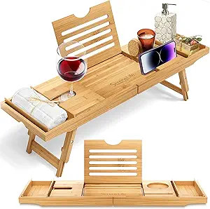 SereneLife Bath Caddy Breakfast Tray Combo - Natural Bamboo Wood Waterproof Bath Tub Caddy and Be... | Amazon (US)