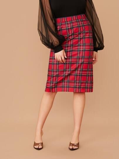 SHEIN Plus Elastic Waist Tartan Skirt | SHEIN
