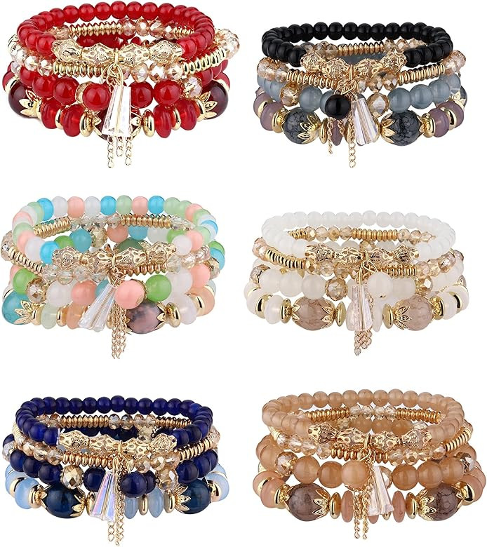 Jstyle Bohemian Stackable Bead Bracelets for Women 6 Sets Stretch Beaded Bracelets Multi-Color Bo... | Amazon (US)