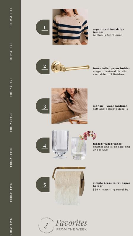Friday Five: Your favorites from the week (posting this much later since I had to get ready for our trip). *Sézane organic cotton jumper, Rejuvenation brass toilet paper holder, Sézane mohair + wool cardigan, glass footed vases, simple brass toilet paper holder 

#LTKstyletip