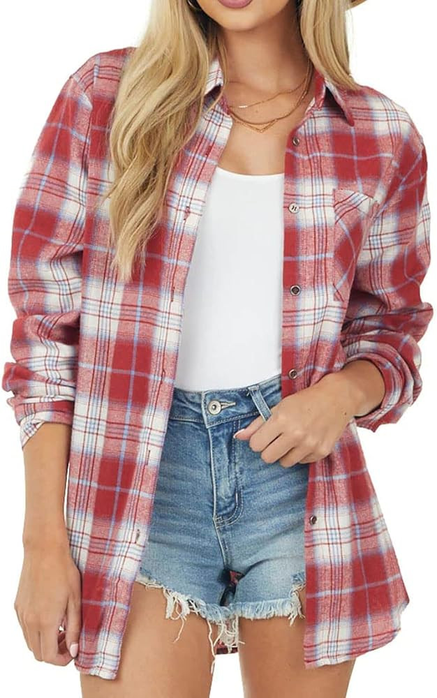 NUOREEL Women's Flannel Plaid Shirt, Boyfriend Fit Long Sleeve Button Down Casual Blouse with Poc... | Amazon (US)
