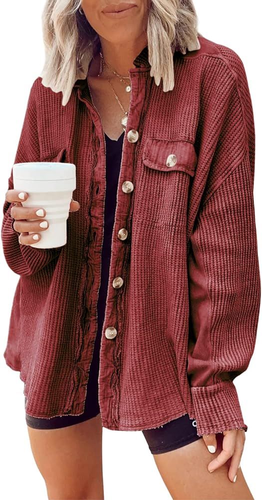 chouyatou Women's Loose Fit Batwing Sleeve Waffle Knit Button Down Shirt Shacket Tops | Amazon (US)