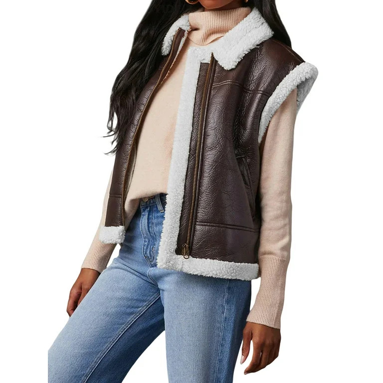 Sunisery Women's Patchwork PU Leather Vest Sherpa Lined Casual Warm Sleeveless Zip Up Jacket Wais... | Walmart (US)
