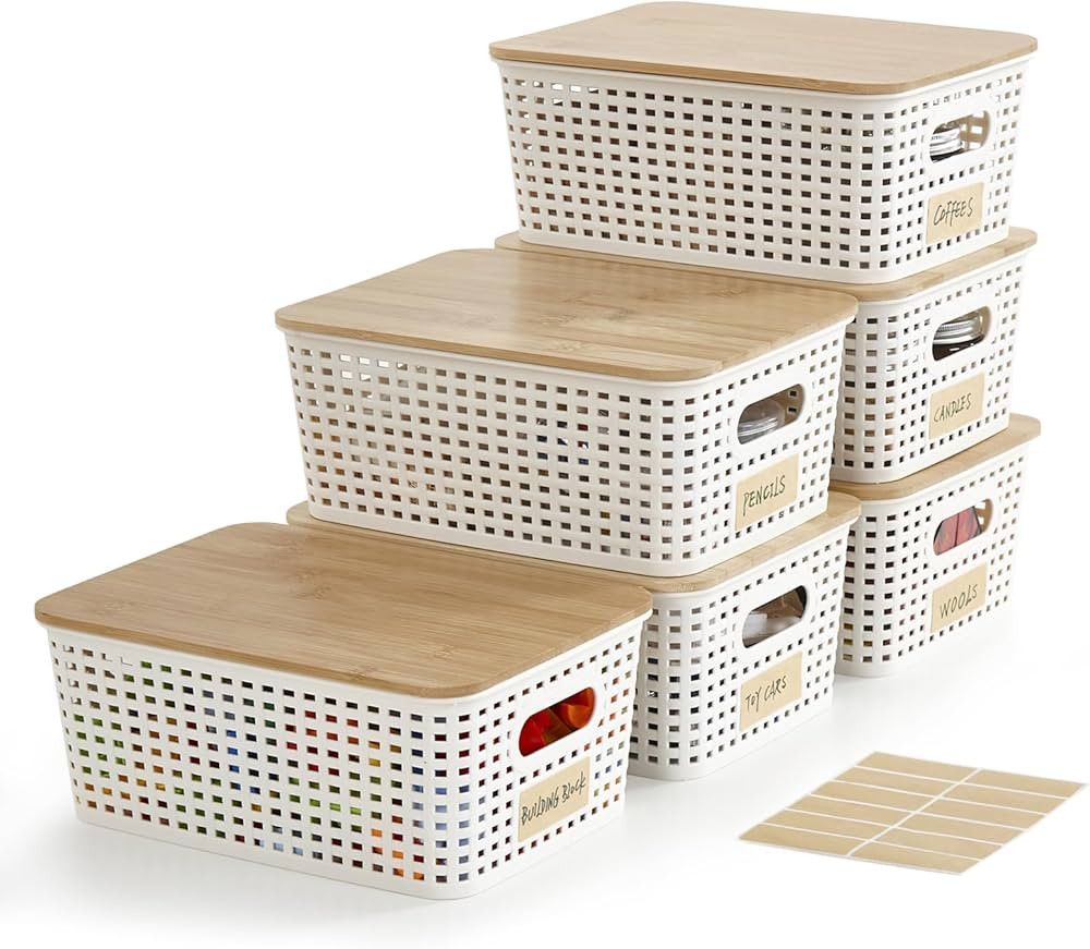 Small Plastic Storage Bins with Bamboo Lids 5.2qt Stackable Box Basket Pantry Decorative Containe... | Amazon (US)