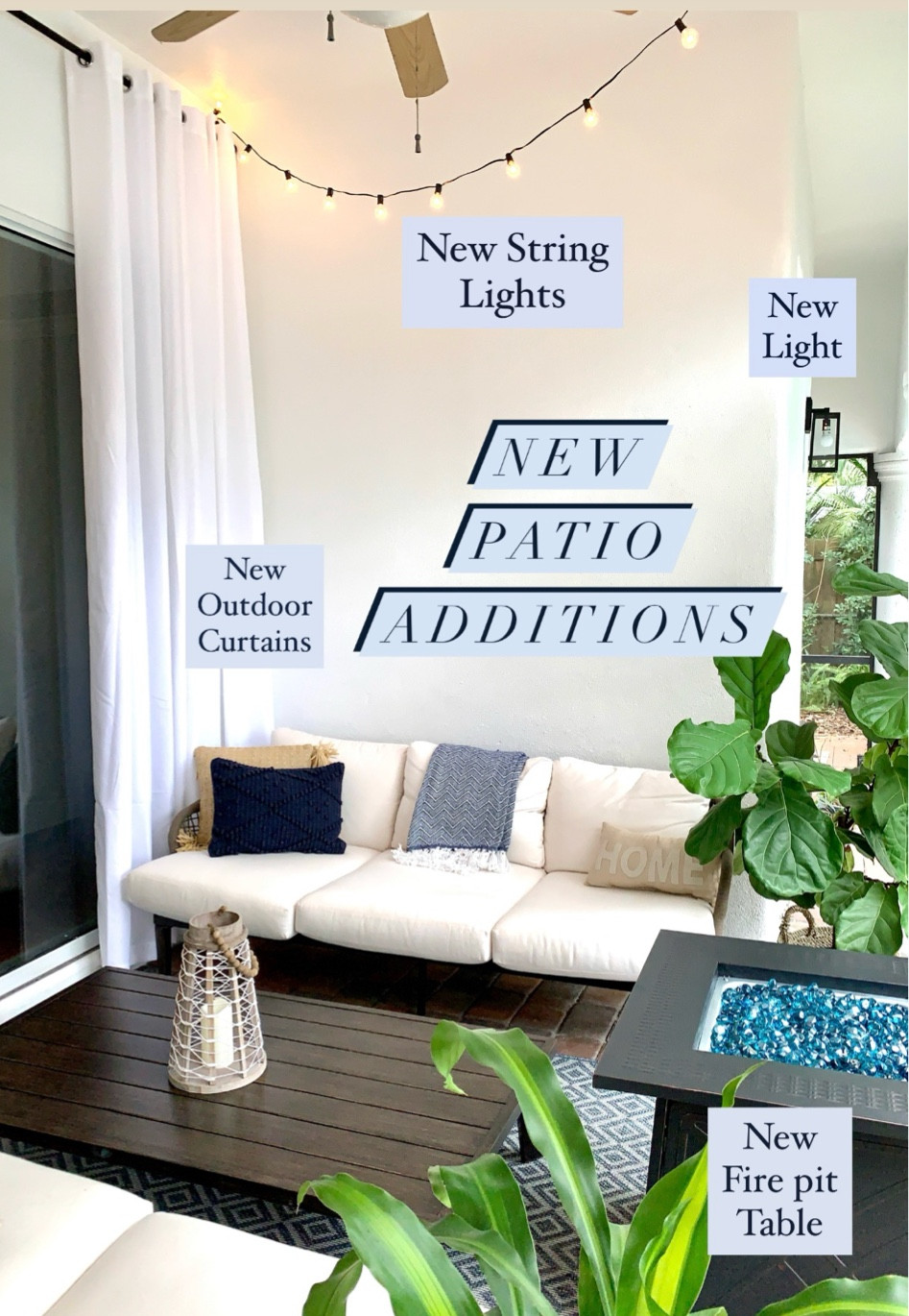 Patio decor, outdoor curtains, Firepit table, string lights 

#LTKhome #LTKfamily #LTKSeasonal