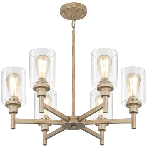 6 Light Farmhouse Chandeliers for Dining Room | Rustic Dining Room Light Fixtures Over Table | Fake Wood Hanging Lighting with Clear Glass Cover for Living Room | Kitchen Island | Entryway | Bathroom | Amazon (US)