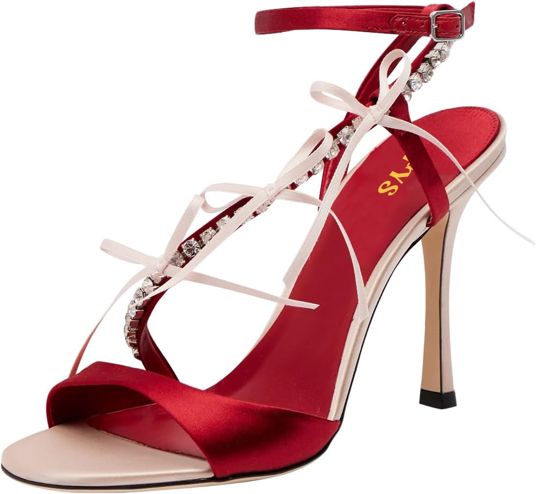 FYS Women's Open Round Toe Sandals with Rhinestone Studs Stiletto High Heels Ankle Strap Wedding Party Prom Shoes Size 4-16 US | Amazon (US)