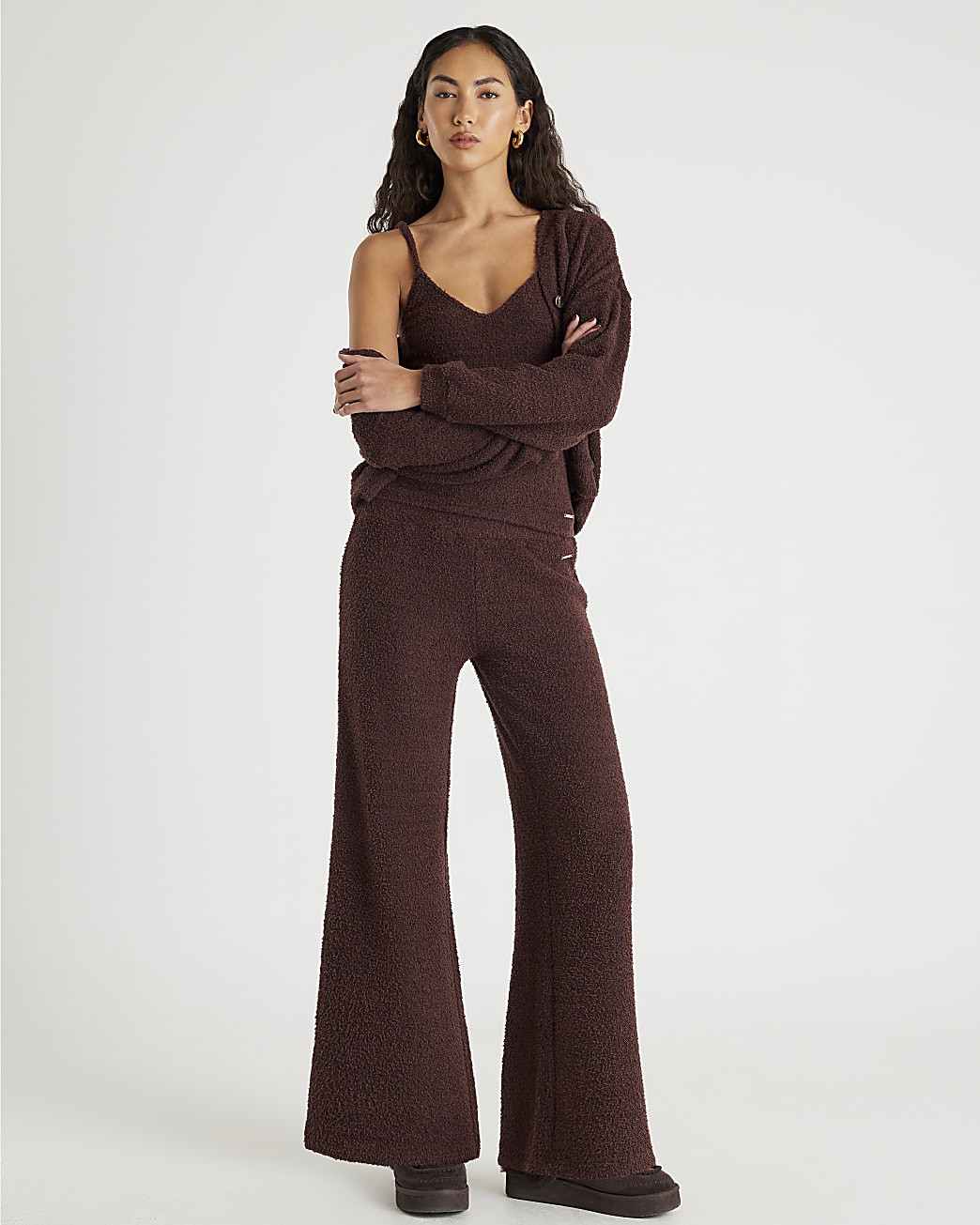 Brown Fluffy Wide Leg Trousers | River Island UK & IE
