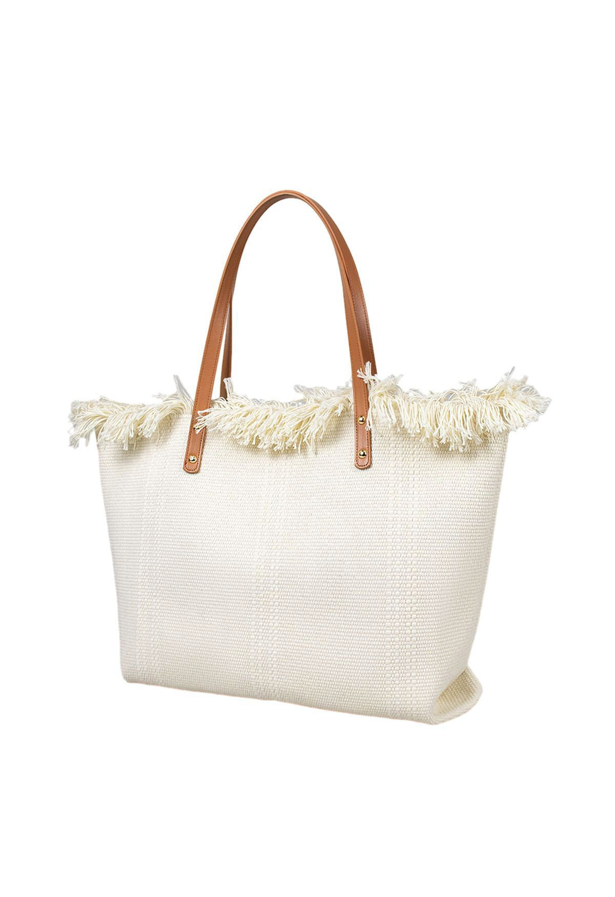 Tassel Trim Canvas Tote Bag in Cream | Chicwish