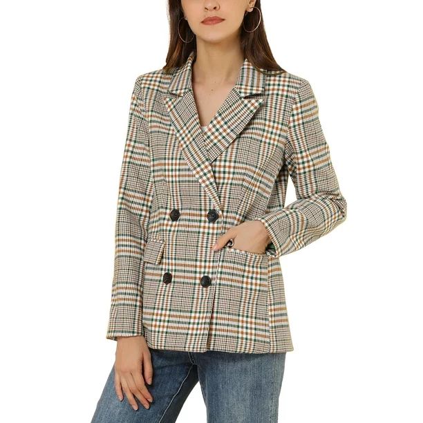 Allegra K Women's Notched Lapel Double Breasted Plaid Blazer Jacket | Walmart (US)