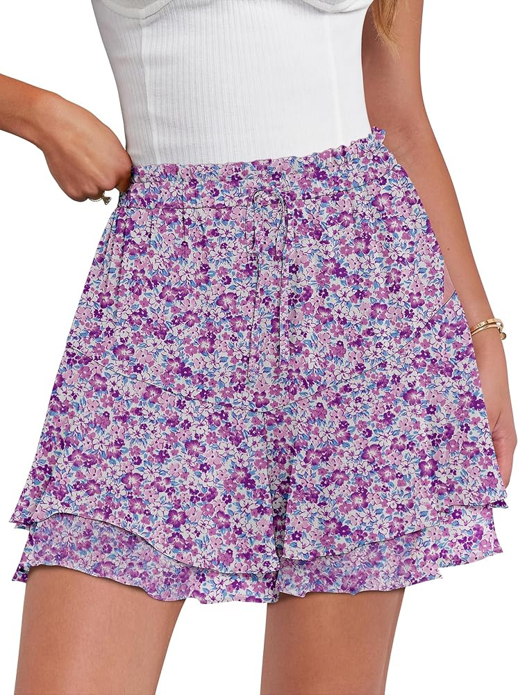 Caracilia Skorts for Women Boho Casual Beach Mini Skirts Summer Floral Ruffle Chiffon Flowy Short... | Amazon (US)