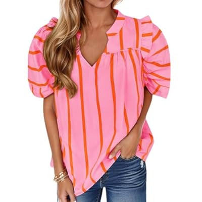 Tankaneo Womens Striped V Neck Blouses Short Puff Sleeve Dressy Casual Shirts… | Amazon (US)