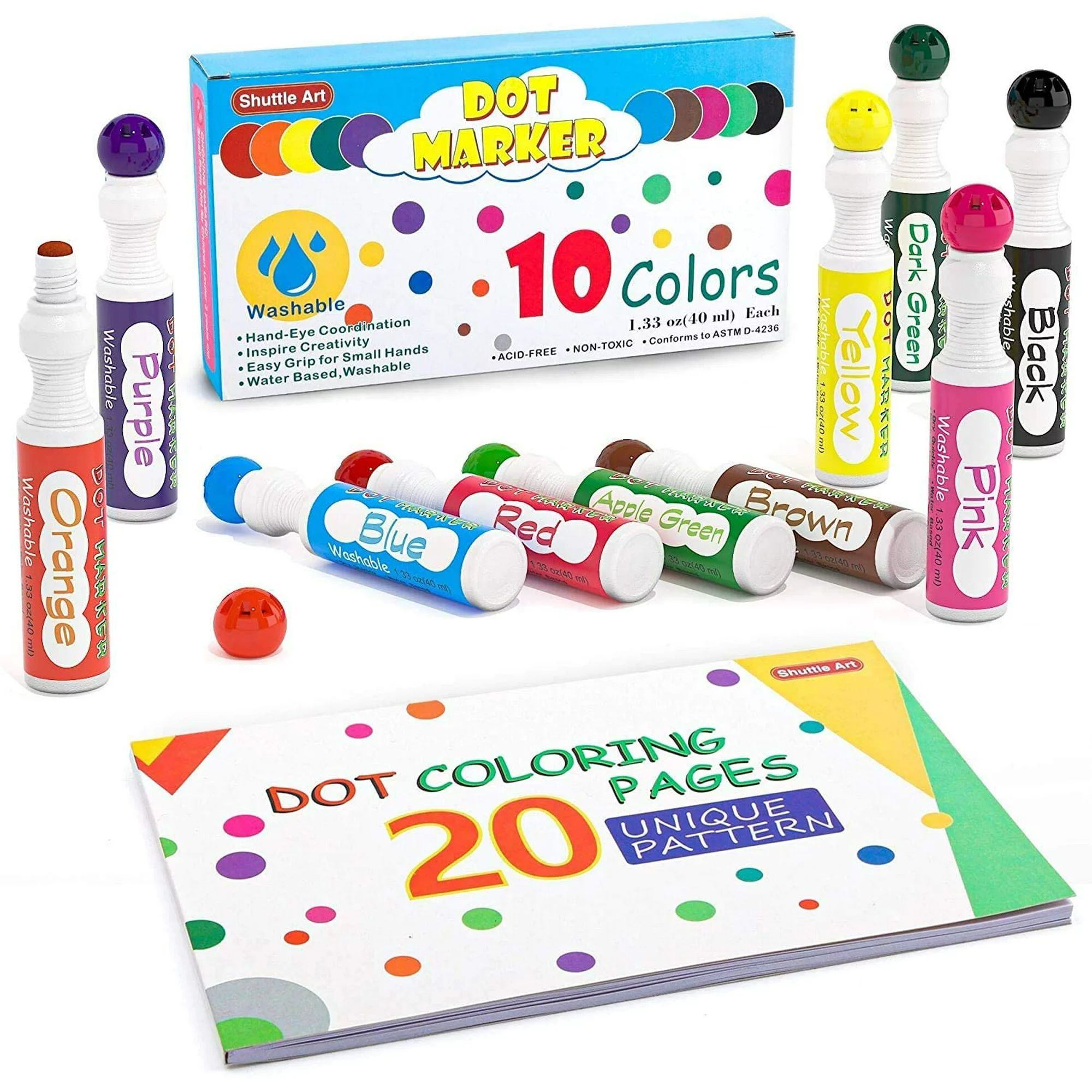 Washable Dot Markers, 10 Colors Bingo Daubers with Dot Coloring Book and 70 Patterns Coloring PDF... | Walmart (US)