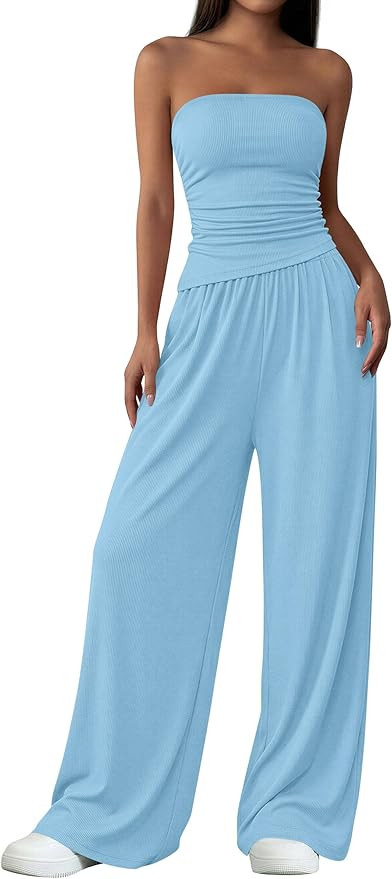 PRETTYGARDEN Womens 2 Piece Set Summer Outfits 2026 Asymmetrical Ruched Tube Top and Wide Leg Pan... | Amazon (US)