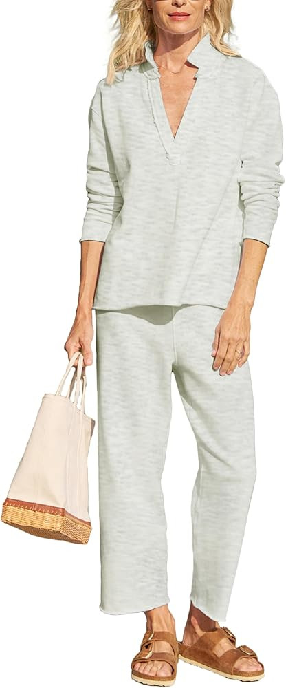 Women’s Sweatsuits 2 Piece Outfits Set Long Sleeve Lapel V Neck Sweatshirt and Sweatpants Set C... | Amazon (US)