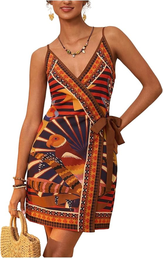 Women's Tropical Print Cami Dress Sleeveless Wrap V Neck Tie Knot Boho Short Dresses | Amazon (US)